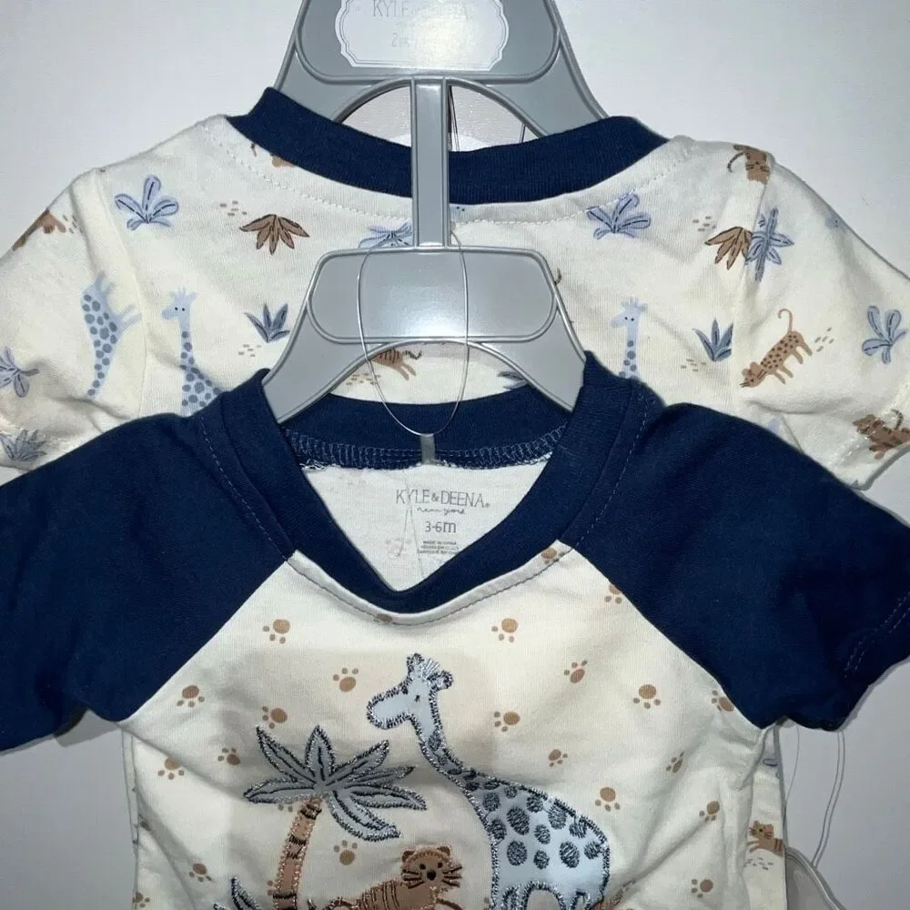 Lot of 2 Kyle & Deena Baby Blue White Cartoon Giraffe Romper Size 3-6 Months NWT